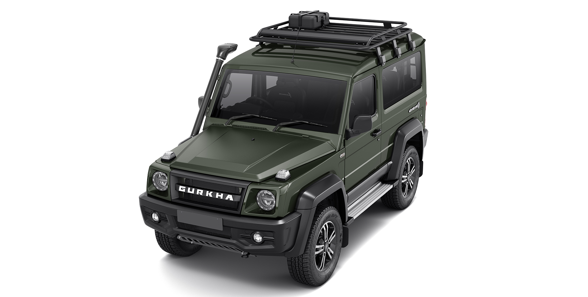 Green Colour Gurkha 4x4x4 off road car with Roof Carrier